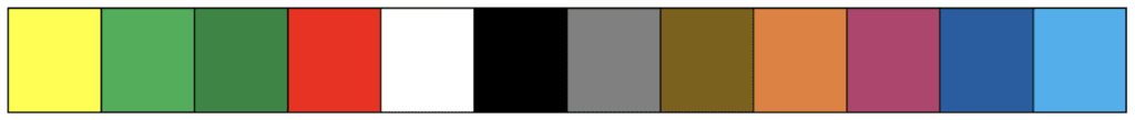 A long rectangle with 12 different colored squares. The squares are colored in the following order: yellow, light green, dark green, red, White, black, Gray, dark brown, Orange, dark blue and light blue